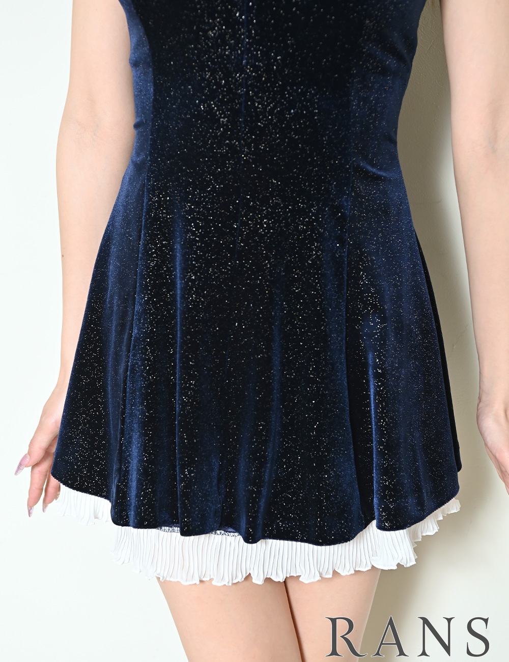 [即納][instock]【RANS】ミニ/ドレス/ワンピース/ネイビー/襟付き/フレア/レース/ベロア