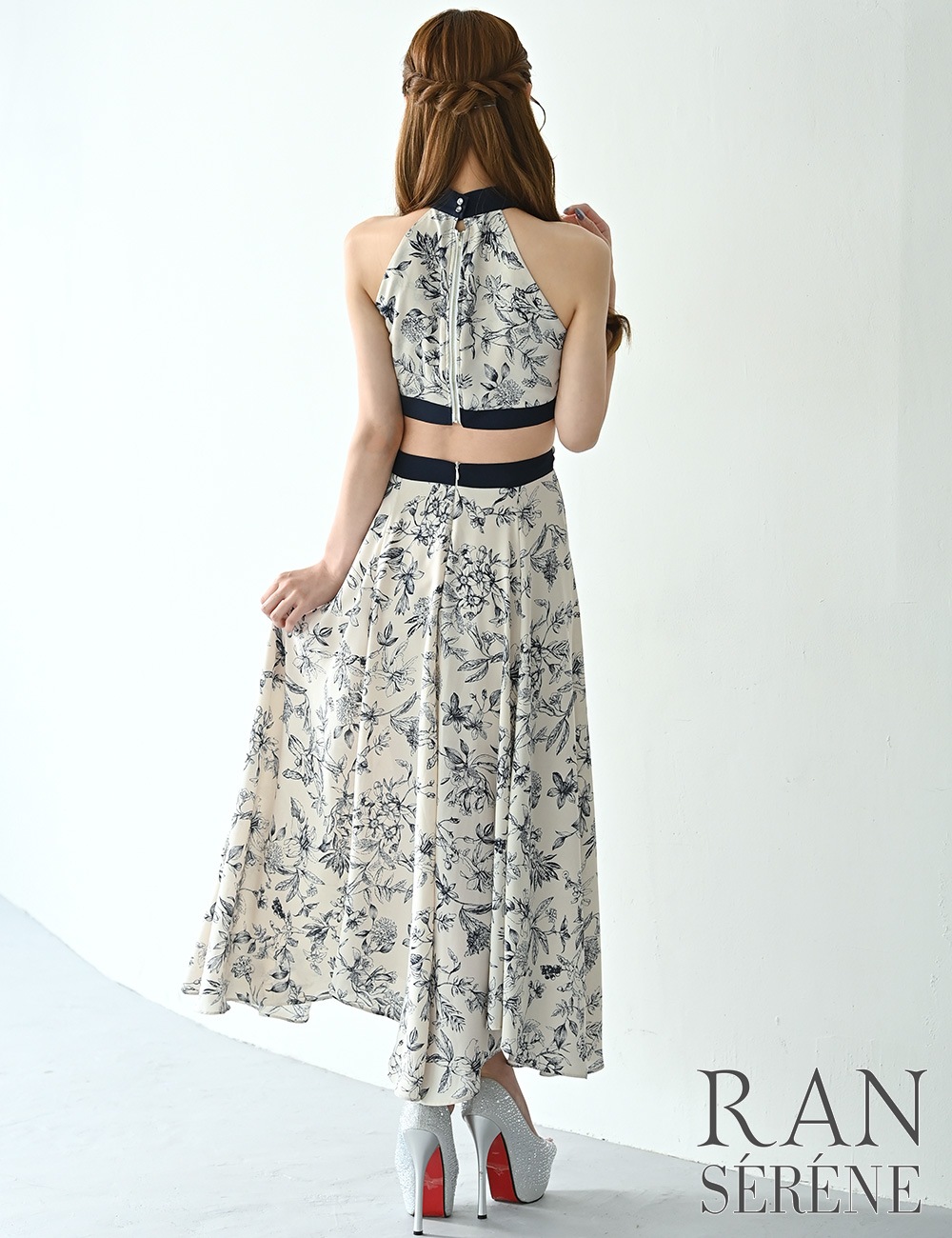 [即納][instock]【RAN SERENE】ロング/ドレス/ネイビー/アメスリ/フレア/サイドカットアウト/柄/花柄