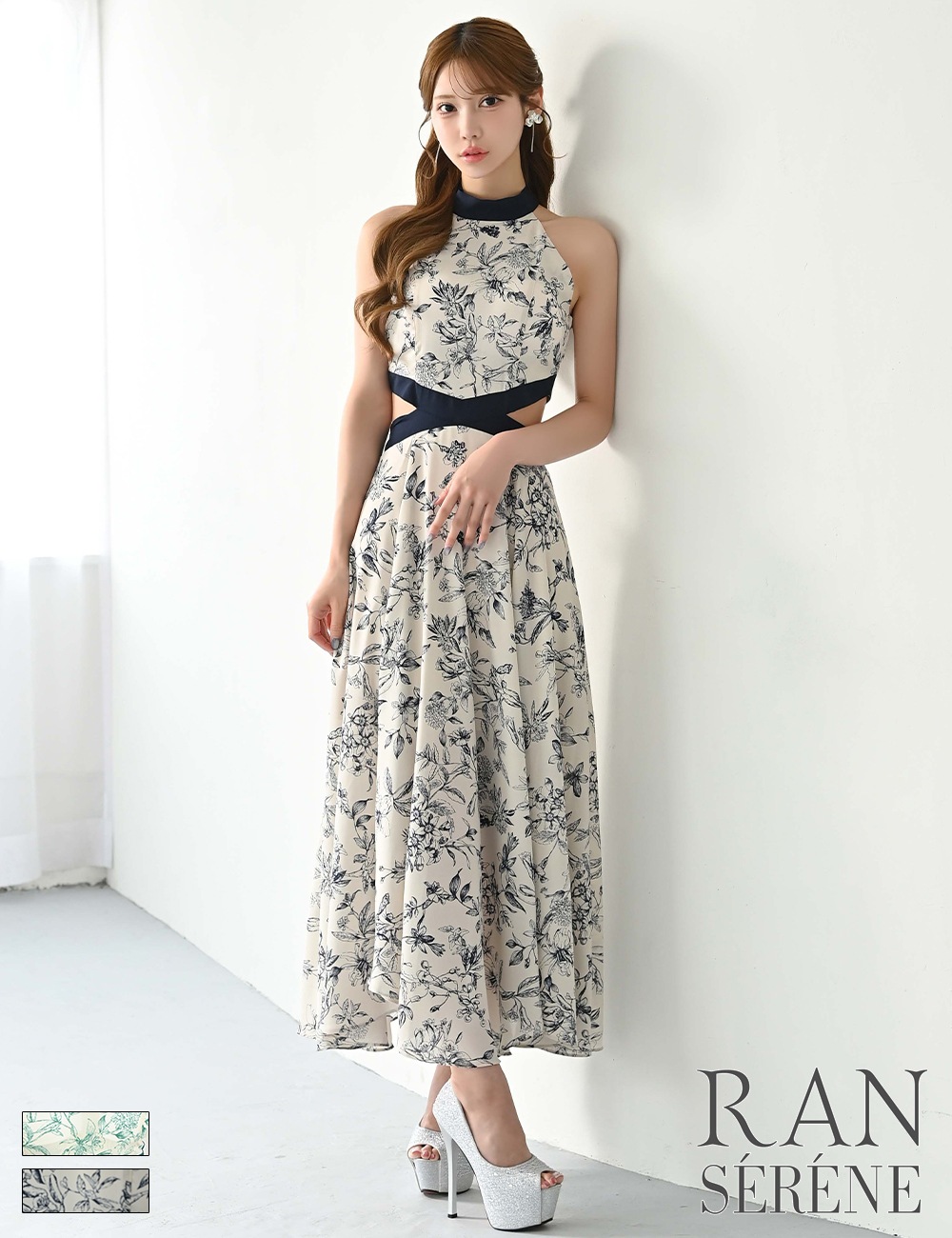 [即納][instock]【RAN SERENE】ロング/ドレス/ネイビー/アメスリ/フレア/サイドカットアウト/柄/花柄