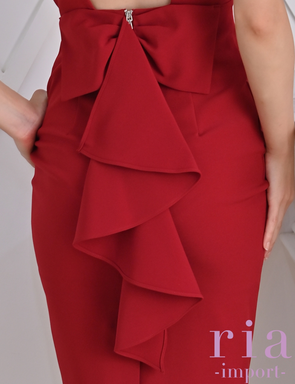 【ria】丈長/ドレス/ワンピース/レッド/ノースリーブ/背中あき/タイト/バックリボン/フリル