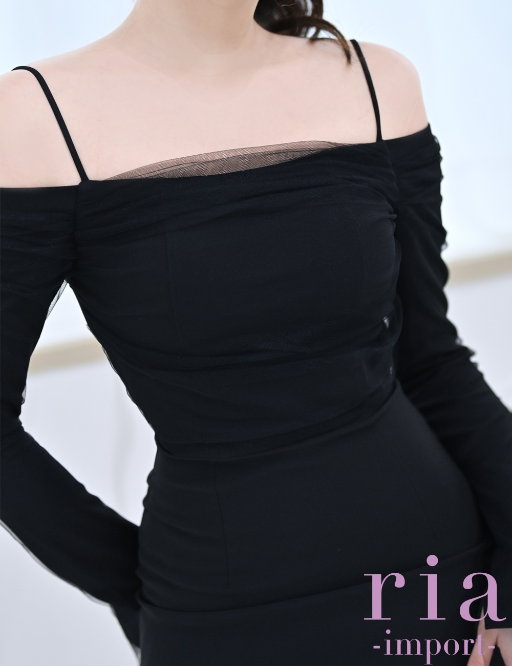 【ria】丈長/ドレス/ワンピース/ブラック/オフショル/袖あり/長袖/タイト