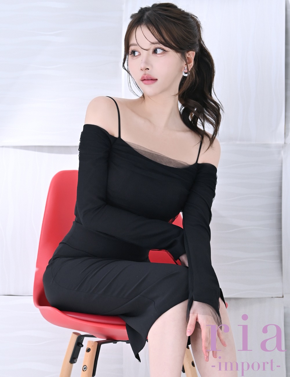 【ria】丈長/ドレス/ワンピース/ブラック/オフショル/袖あり/長袖/タイト