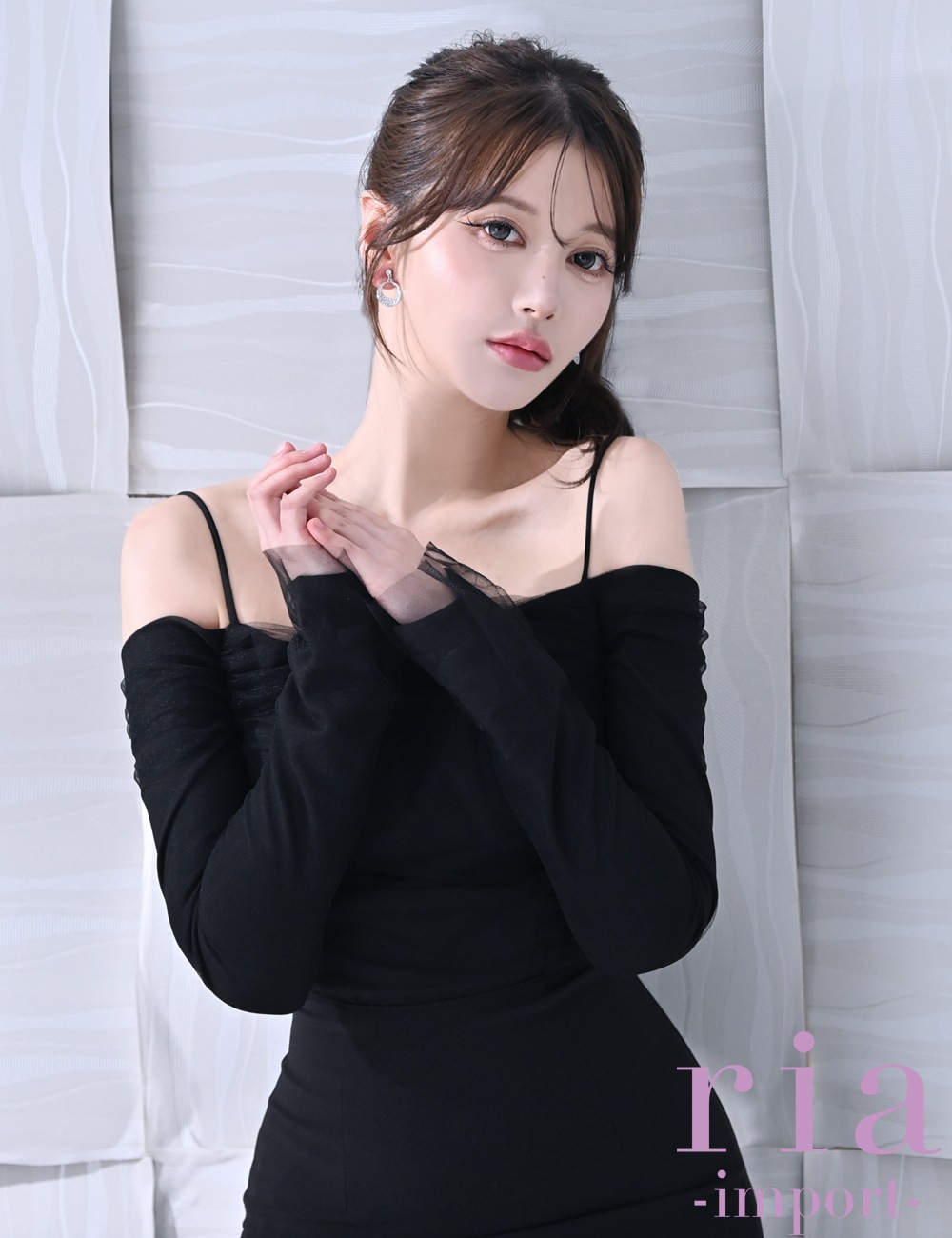 【ria】丈長/ドレス/ワンピース/ブラック/オフショル/袖あり/長袖/タイト