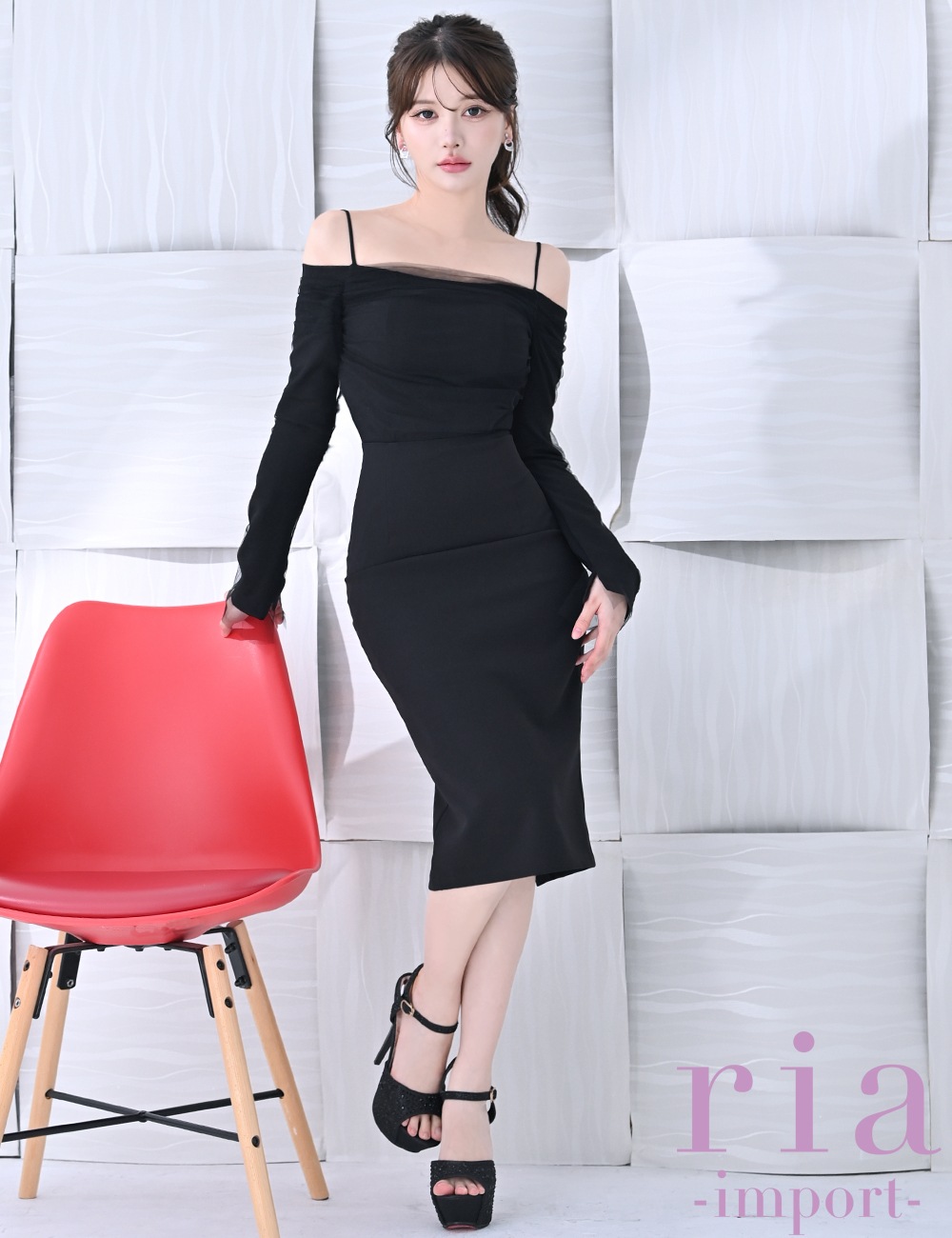 【ria】丈長/ドレス/ワンピース/ブラック/オフショル/袖あり/長袖/タイト