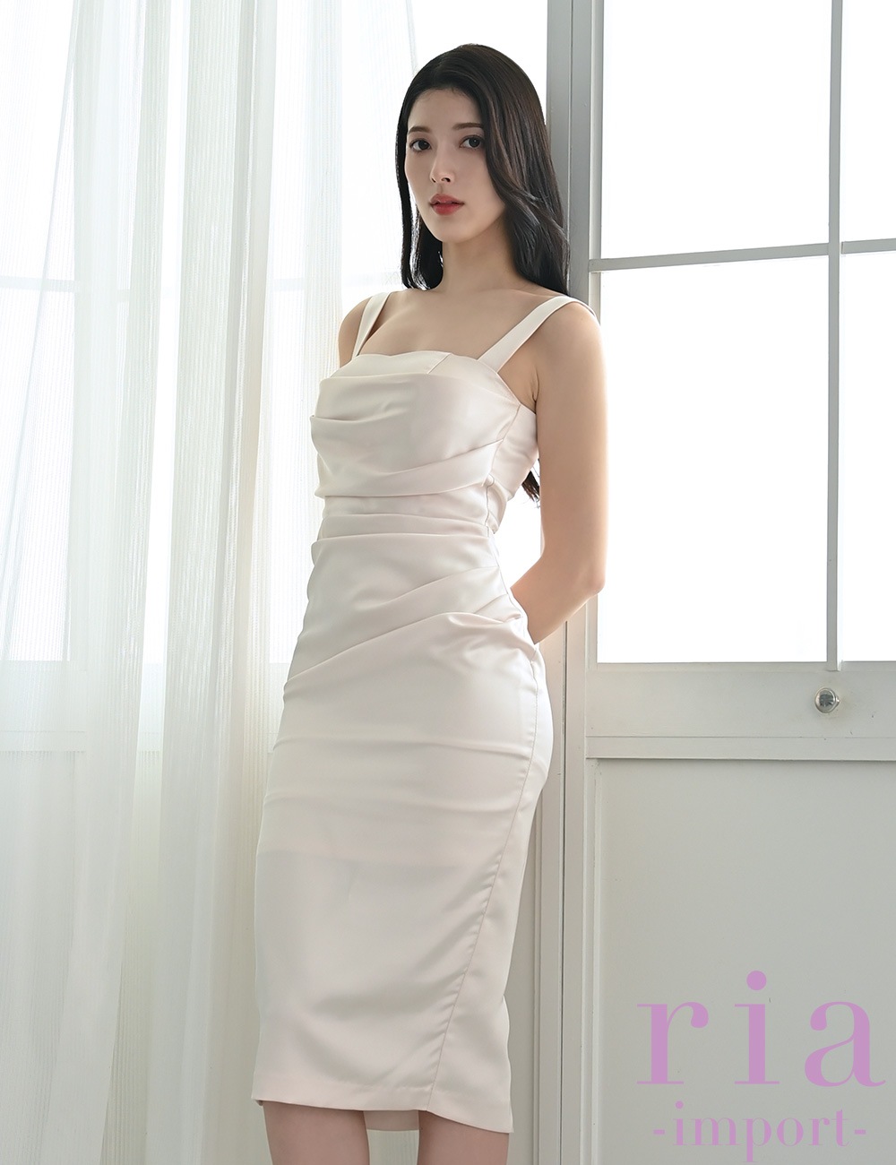 【ria】丈長/ドレス/ワンピース/アイボリー/サテン/タイト/ドレープ