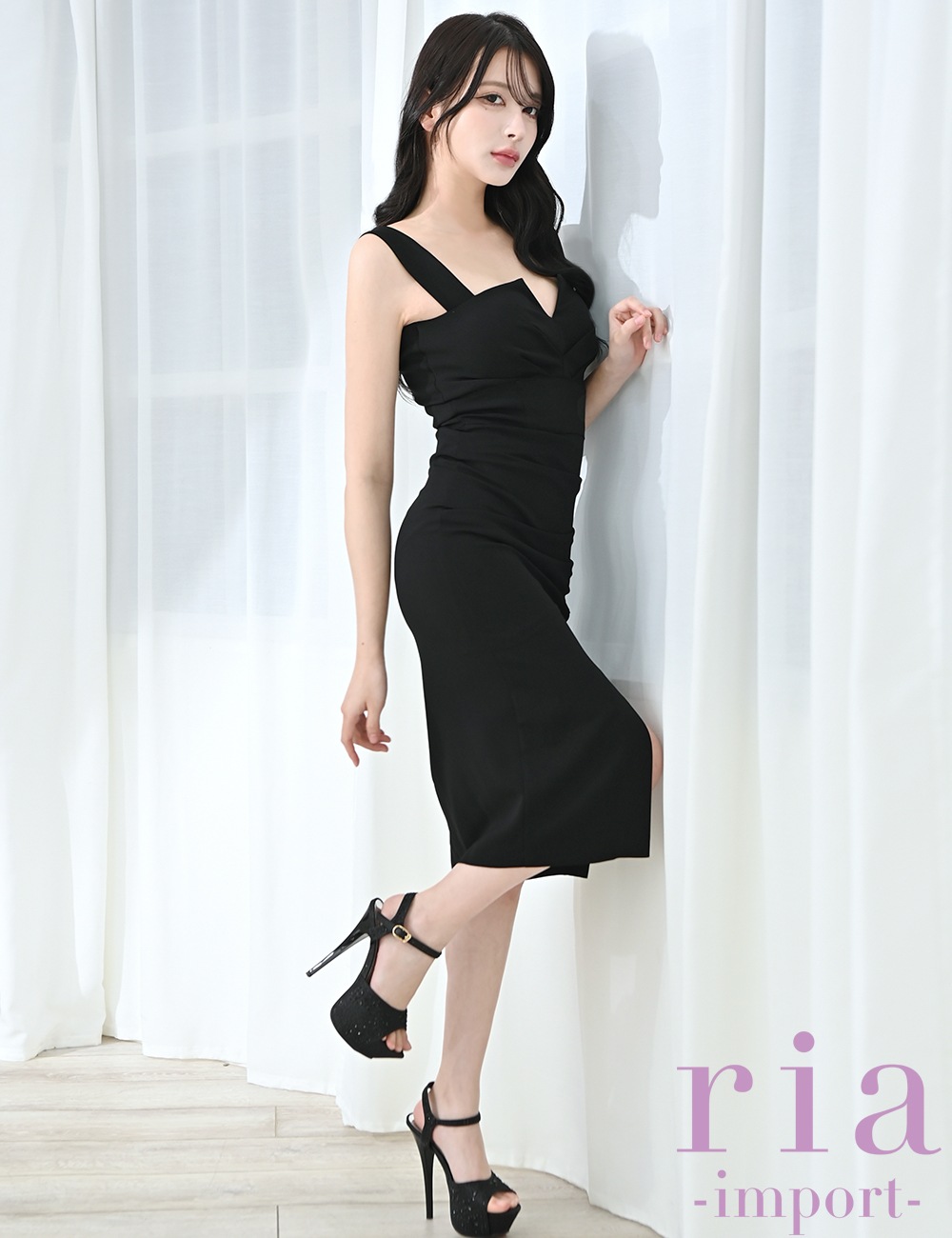 【ria】丈長/ドレス/ワンピース/ブラック/キャミ/タイト/前スリット