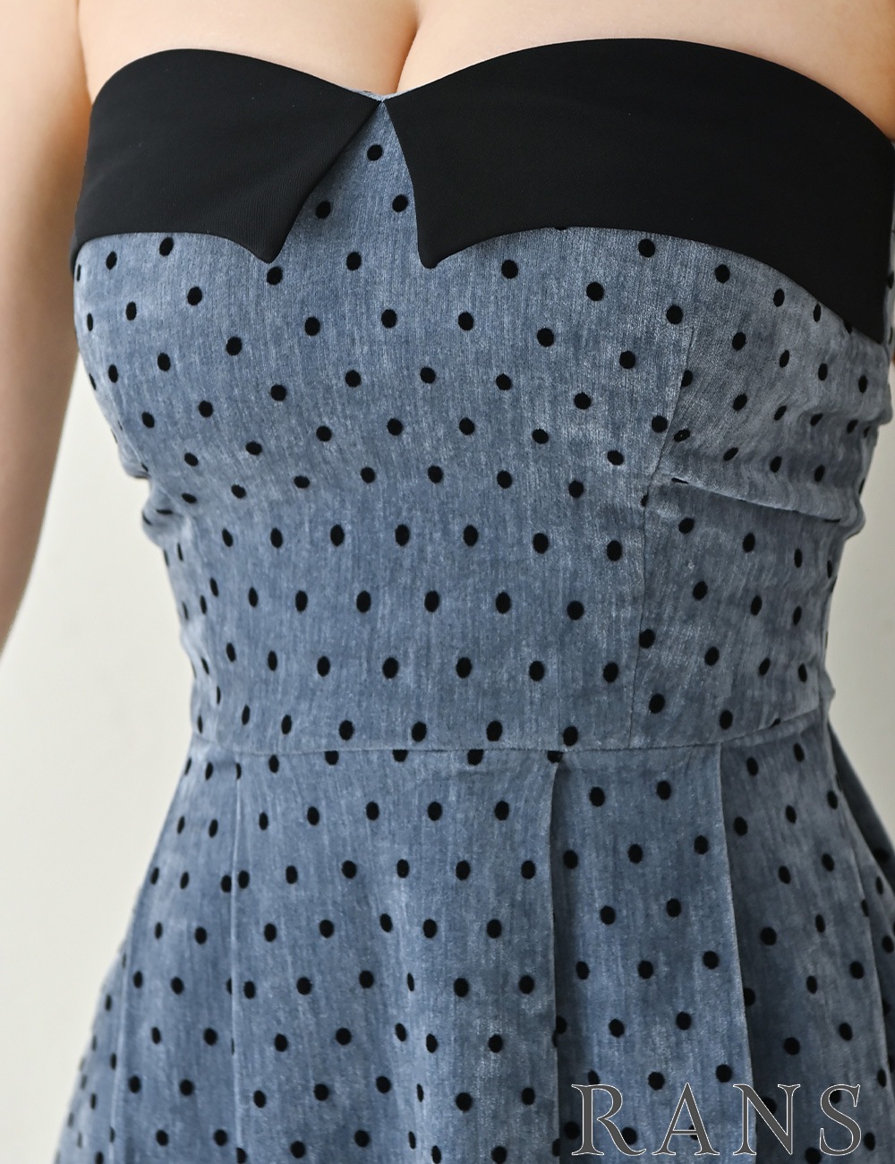 [Sのみ即納][instock]【RANS】ミニ/ドレス/ワンピース/ブルー/ベア/フレア/ベロア/柄/ドット
