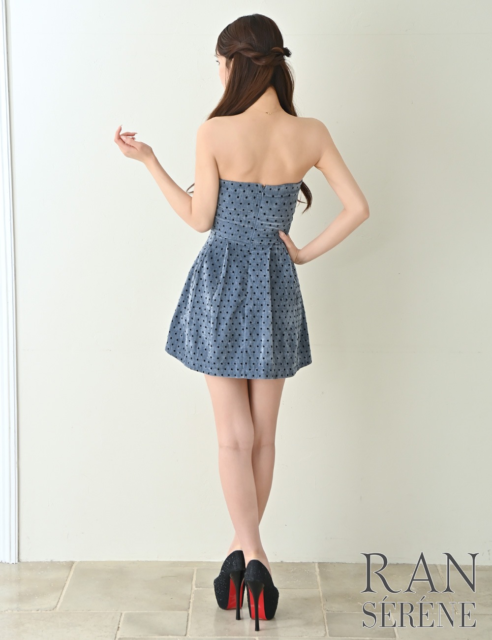 [即納][instock]【RAN SERENE】ミニ/ドレス/ワンピース/ブルー/ベア/フレア/ベロア/柄/ドット