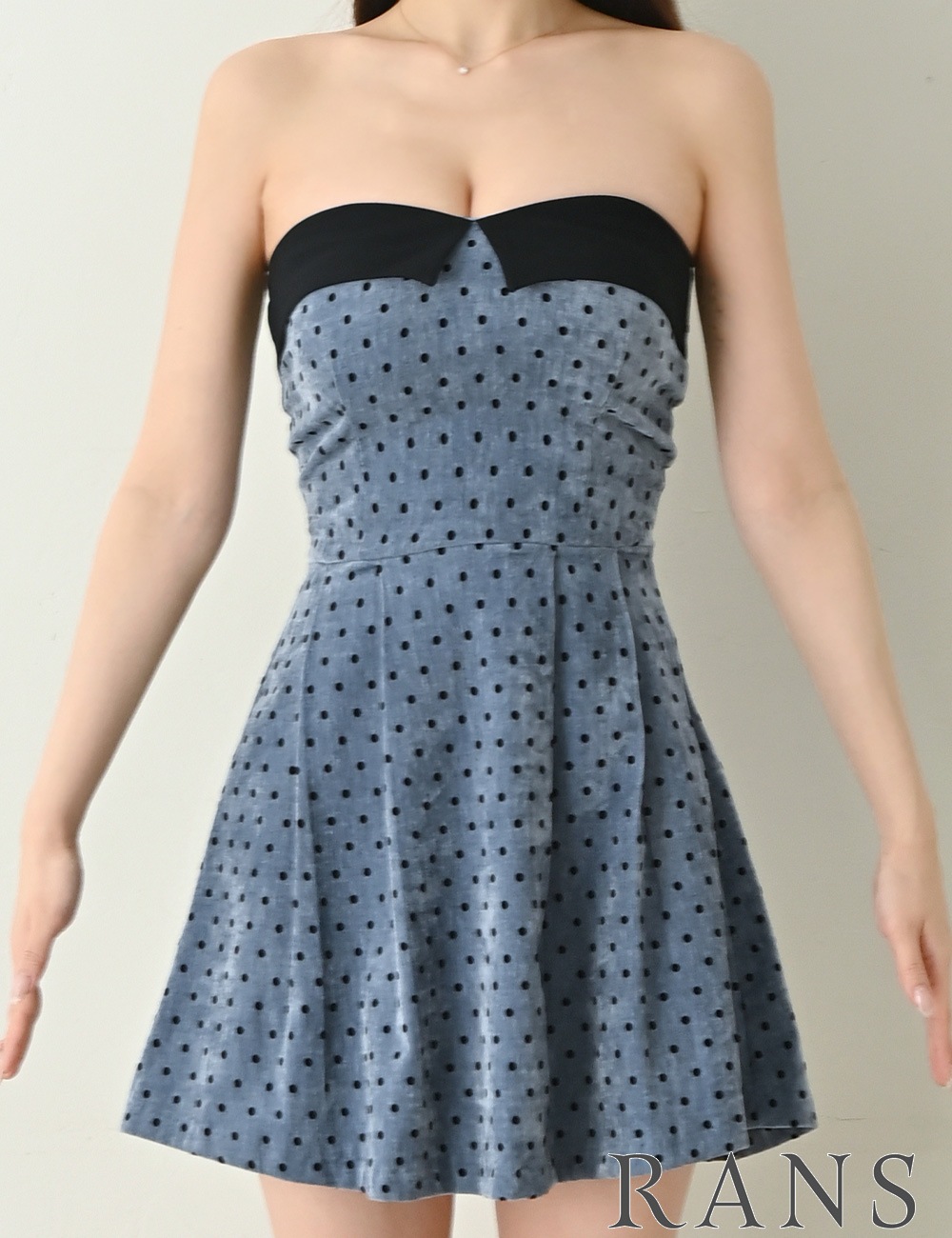 [Sのみ即納][instock]【RANS】ミニ/ドレス/ワンピース/ブルー/ベア/フレア/ベロア/柄/ドット