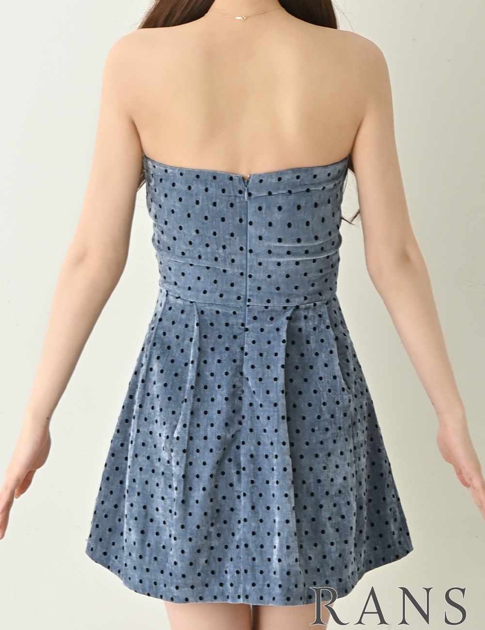 [Sのみ即納][instock]【RANS】ミニ/ドレス/ワンピース/ブルー/ベア/フレア/ベロア/柄/ドット