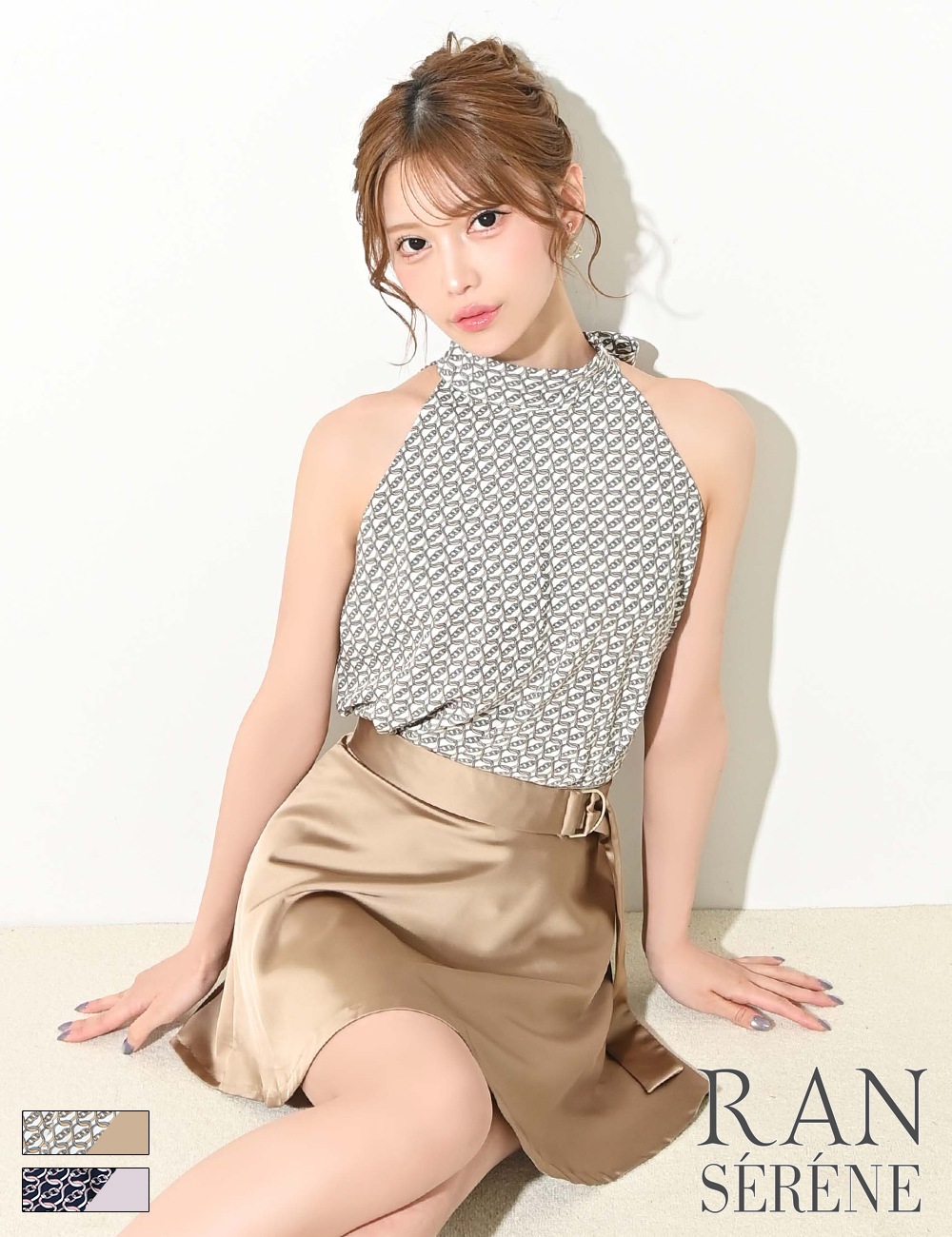 [即納][instock]【RAN SERENE】ミニ/ドレス/セットアップ/ホワイト/ベージュ/アメスリ/フレア/リボン/柄