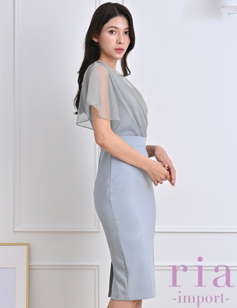 【ria】丈長/ドレス/タイト/ワンショル/ワンピース/ブルーグレー/チュール