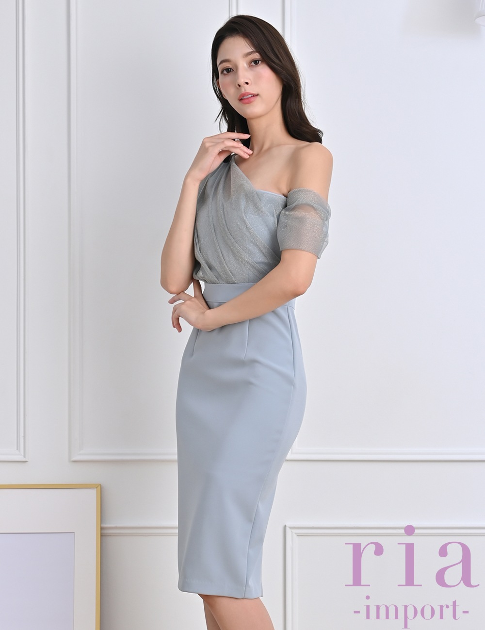 【ria】丈長/ドレス/タイト/ワンショル/ワンピース/ブルーグレー/チュール
