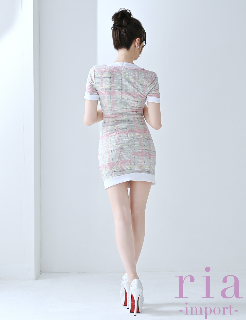 【ria】ミニ/ドレス/ワンピース/ピンク/袖あり/ツイード/タイト