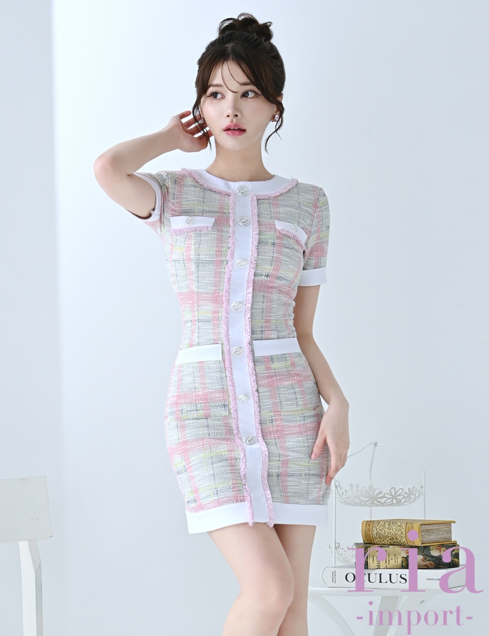 【ria】ミニ/ドレス/ワンピース/ピンク/袖あり/ツイード/タイト