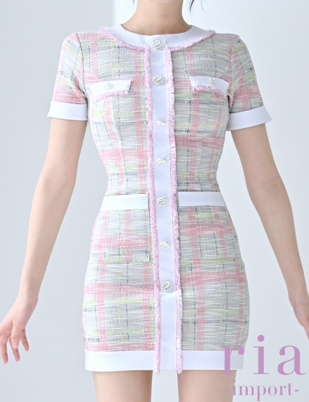 【ria】ミニ/ドレス/ワンピース/ピンク/袖あり/ツイード/タイト