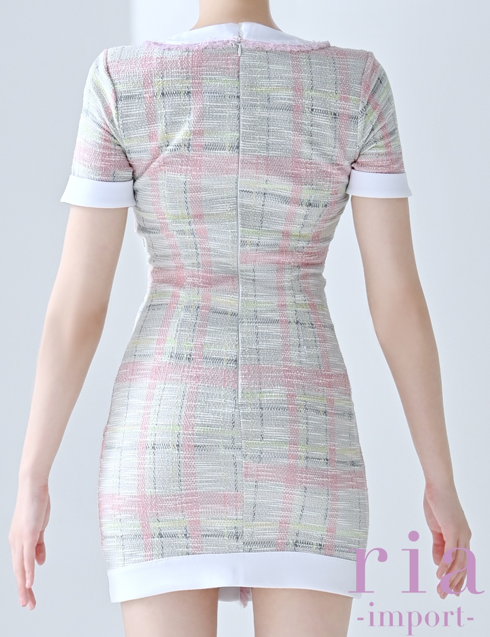 【ria】ミニ/ドレス/ワンピース/ピンク/袖あり/ツイード/タイト