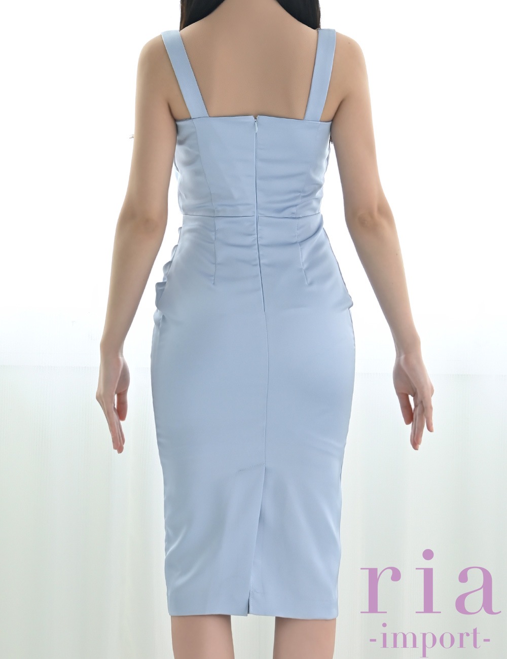 【ria】丈長/ドレス/ワンピース/ブルー/サテン/タイト/ドレープ