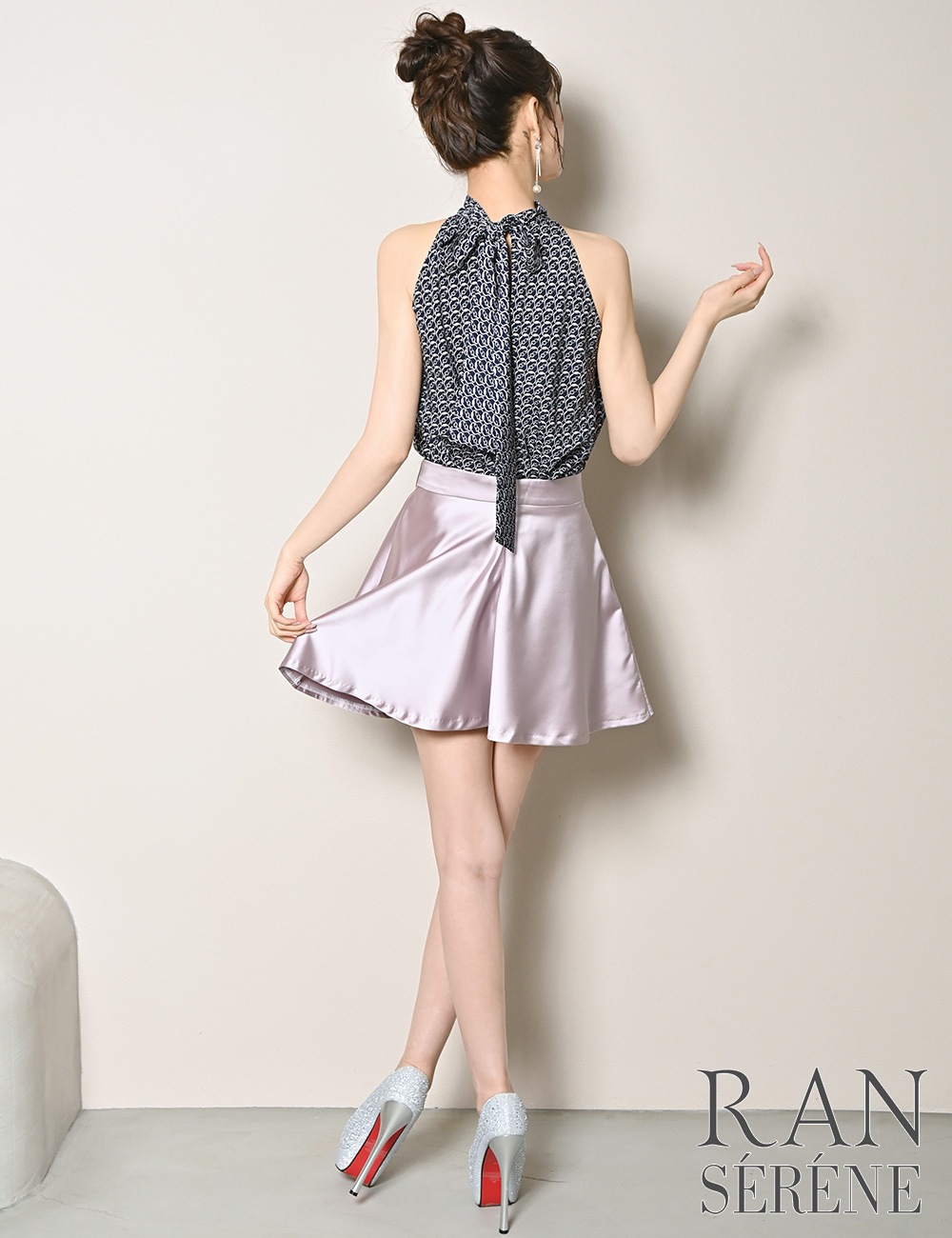 [即納][instock]【RAN SERENE】ミニ/ドレス/セットアップ/ネイビー/ピンク/アメスリ/フレア/リボン/柄