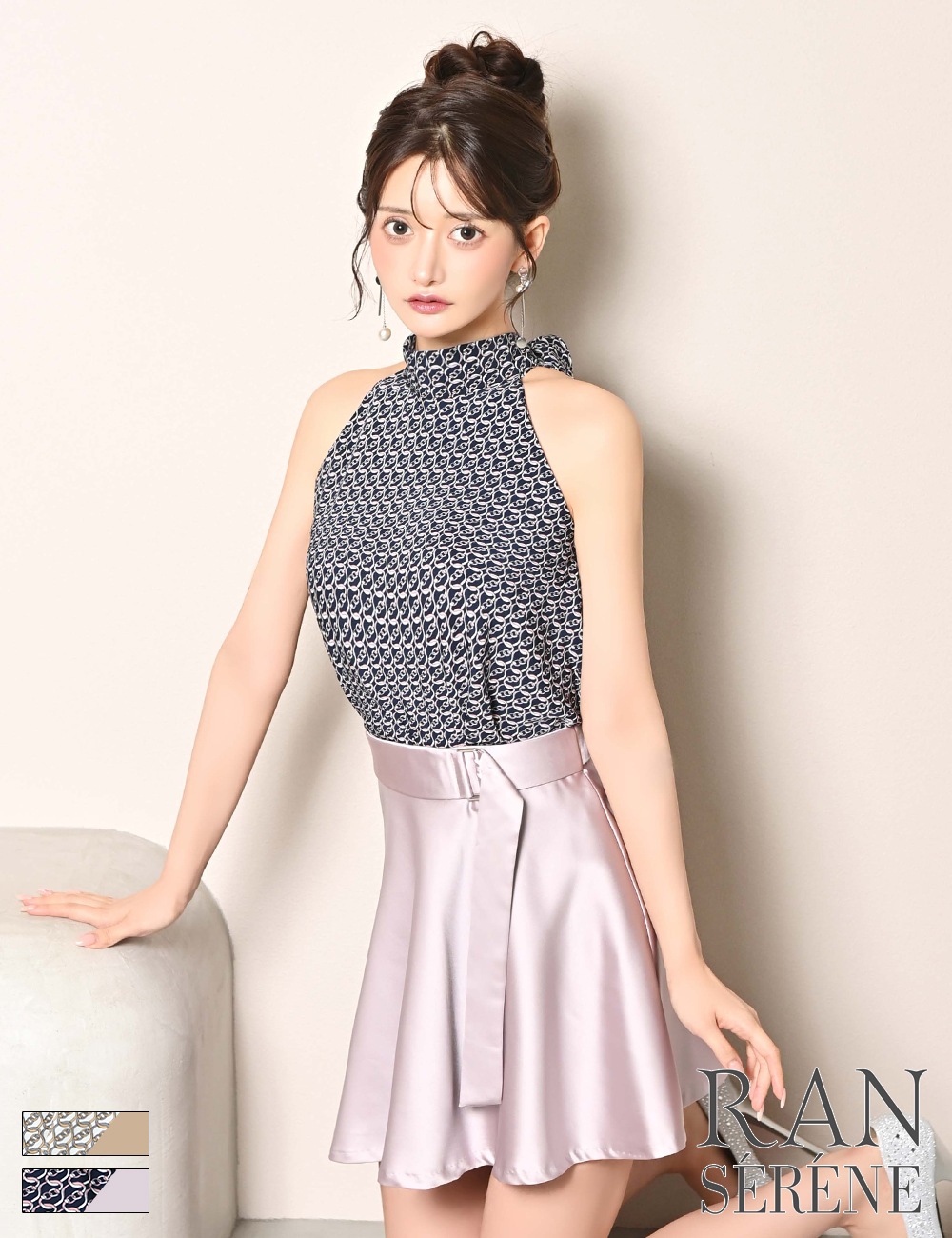 [即納][instock]【RAN SERENE】ミニ/ドレス/セットアップ/ネイビー/ピンク/アメスリ/フレア/リボン/柄