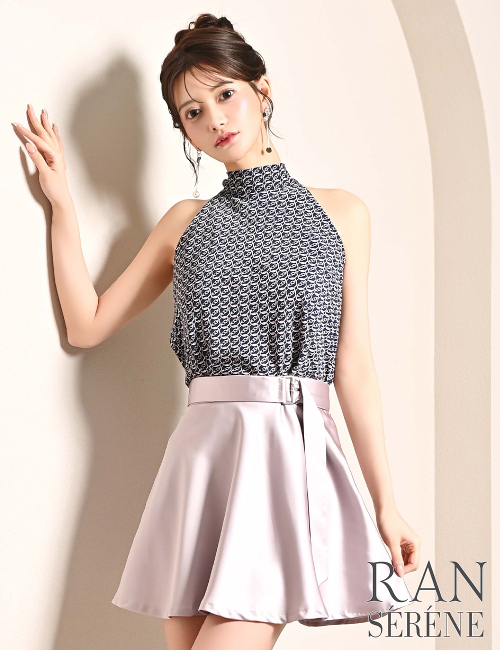 [即納][instock]【RAN SERENE】ミニ/ドレス/セットアップ/ネイビー/ピンク/アメスリ/フレア/リボン/柄