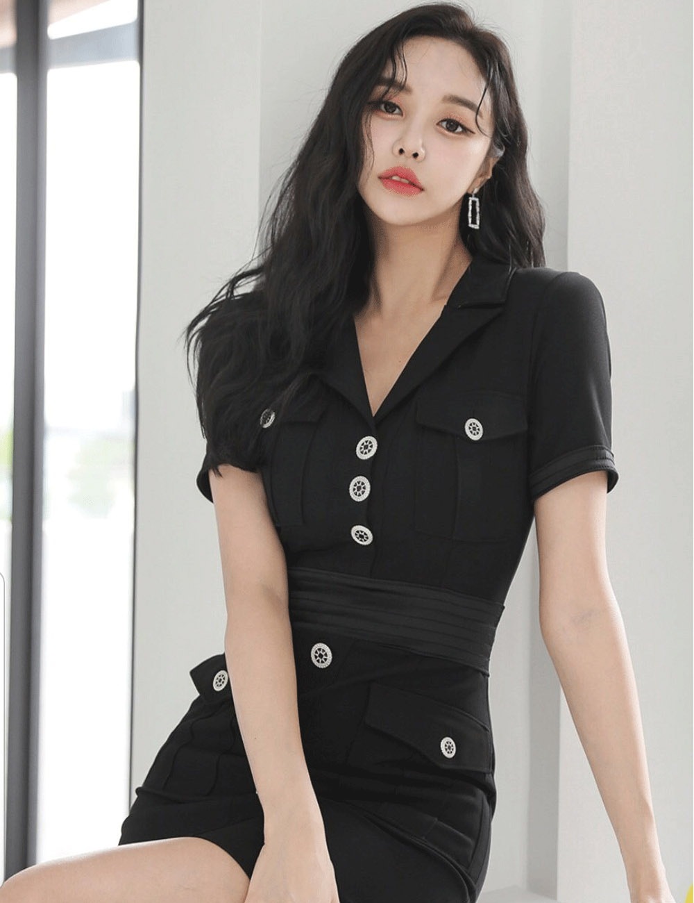 [Sのみ即納][instock]【AIDMAX】ミニ/ドレス/ワンピース/ブラック/袖あり/S/M/韓国/ドレス通販