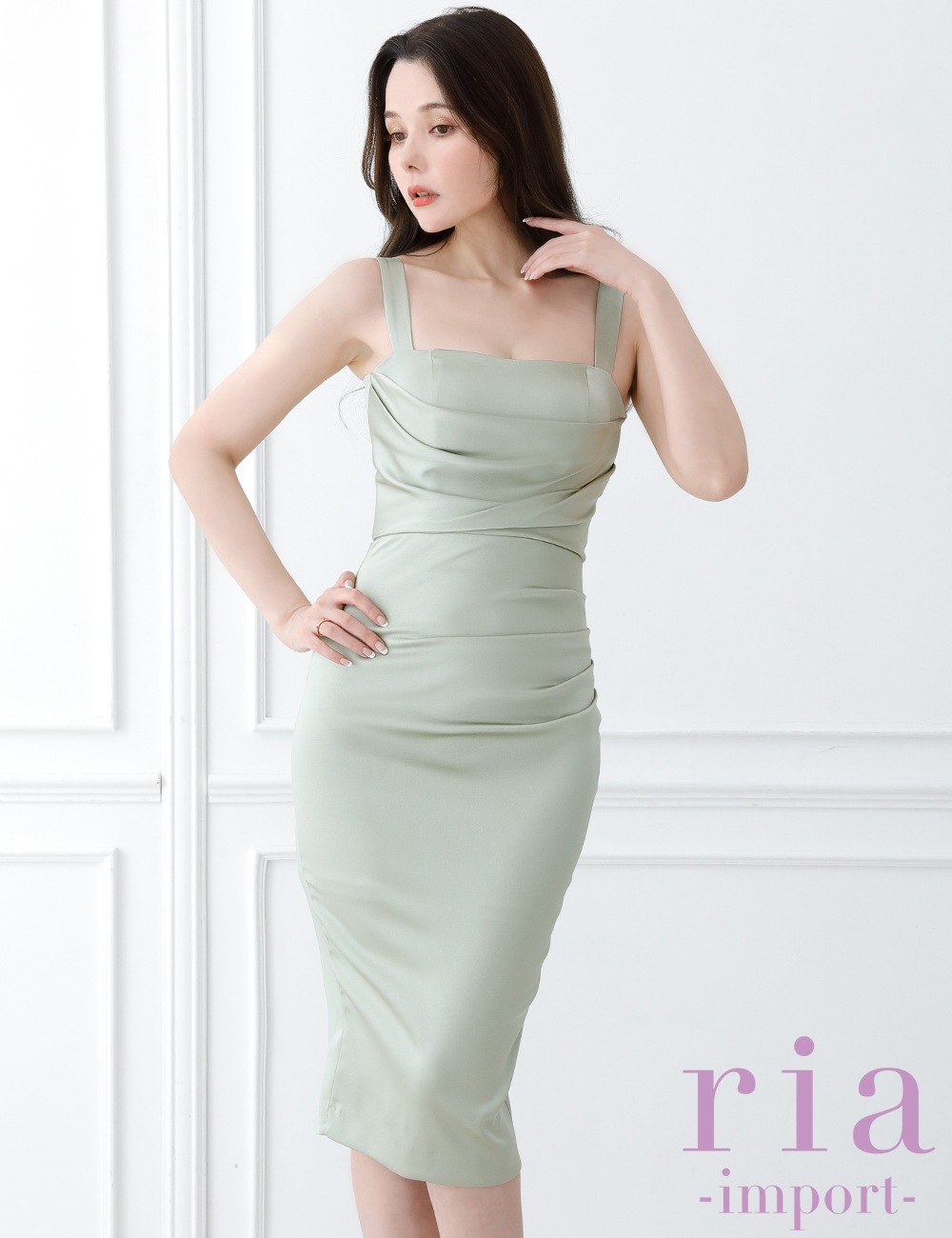 【ria】丈長/ドレス/ワンピース/グリーン/ミント/サテン/タイト/ドレープ