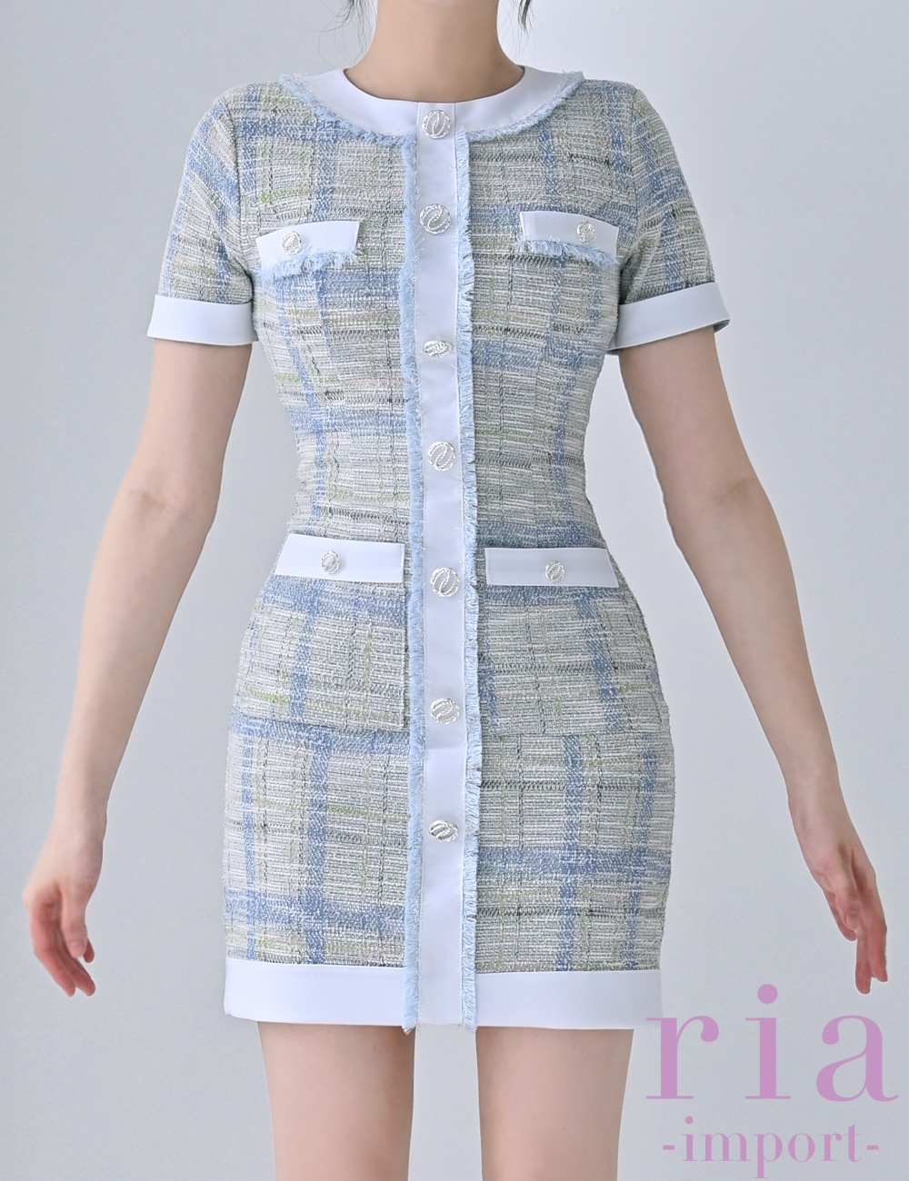 【ria】ミニ/ドレス/ワンピース/ブルー/袖あり/ツイード/タイト