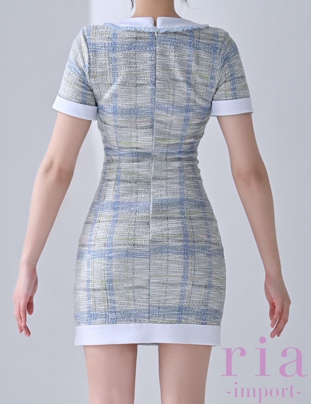 【ria】ミニ/ドレス/ワンピース/ブルー/袖あり/ツイード/タイト