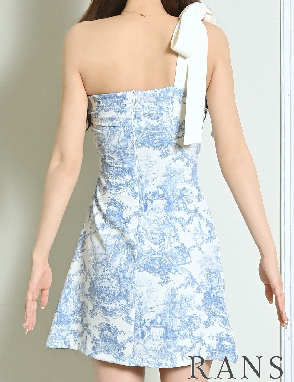 [Mのみ即納][instock]【RANS】ミニ/ドレス/ワンピース/ブルー/ワンショル/フレア/柄/トワルドジュイ