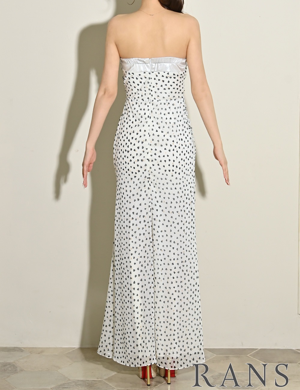 [即納][instock]【RANS】ロング/ドレス/ワンピース/ホワイト/ベア/ドレープ/スリット/柄/ハート柄
