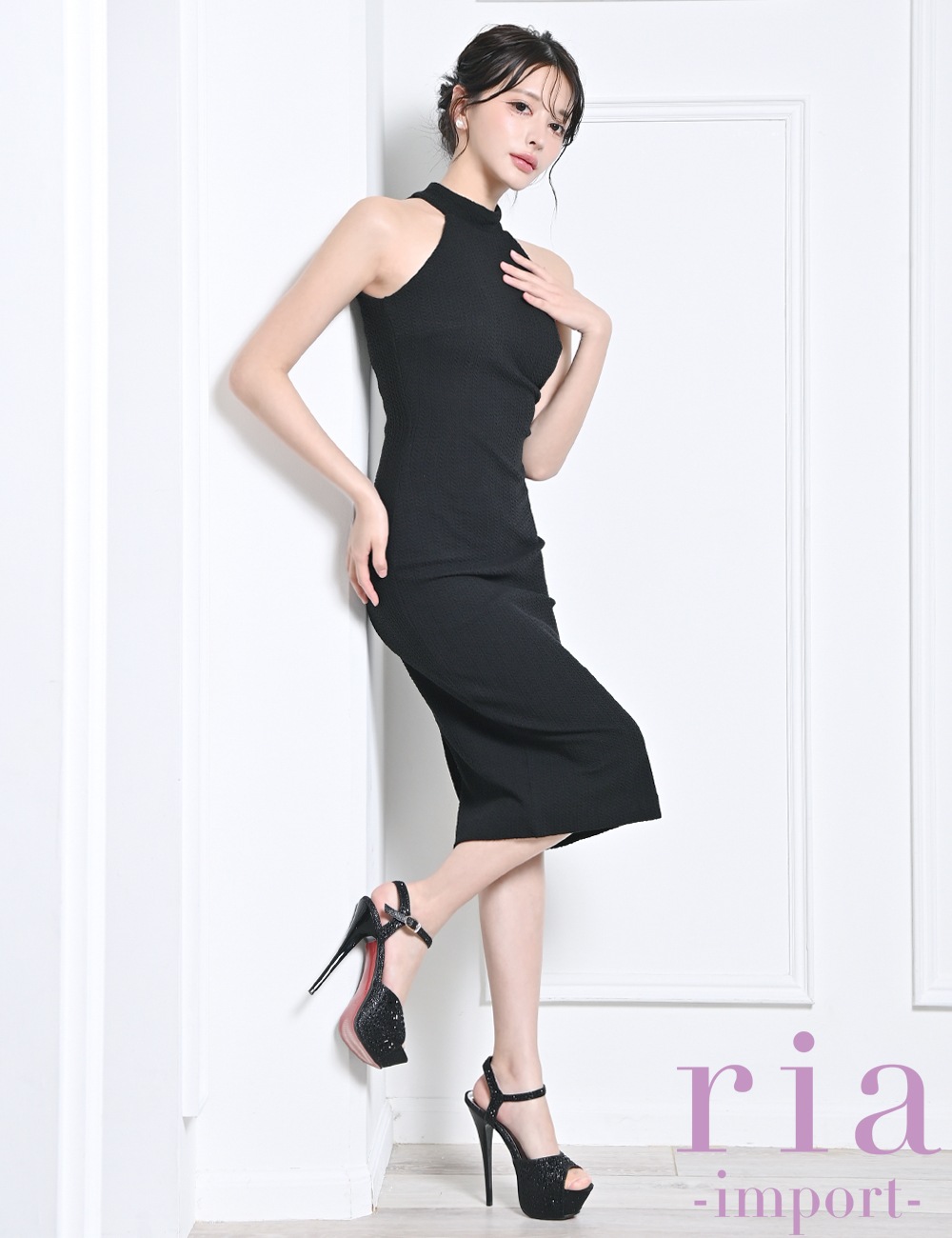 【ria】丈長/ドレス/ワンピース/ブラック/ホルターネック/タイト/ニット