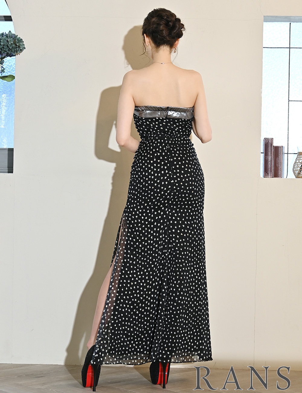 [Sのみ即納][instock]【RANS】ロング/ドレス/ワンピース/ブラック/ベア/ドレープ/スリット/柄/ハート柄