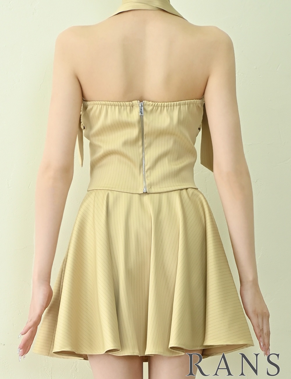 [即納][instock]【RANS】ミニ/ドレス/セットアップ/イエロー/ベア/フレア/サテン/ドレープ/柄/ストライプ