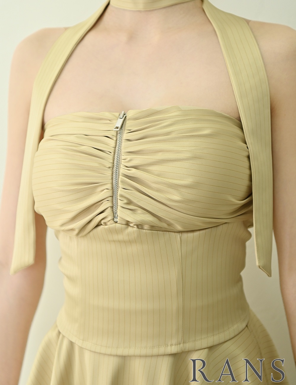 [即納][instock]【RANS】ミニ/ドレス/セットアップ/イエロー/ベア/フレア/サテン/ドレープ/柄/ストライプ