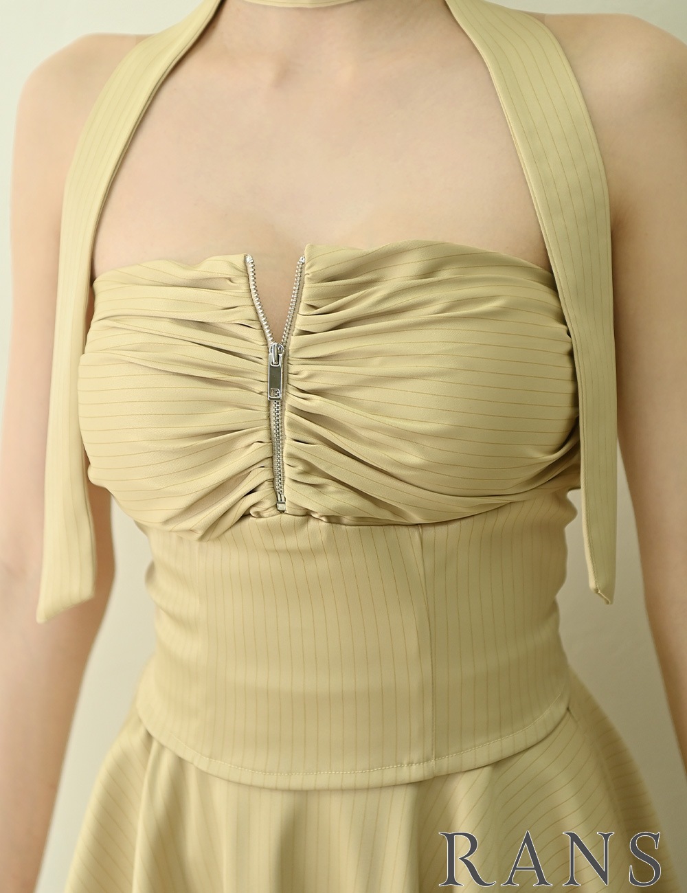 [即納][instock]【RANS】ミニ/ドレス/セットアップ/イエロー/ベア/フレア/サテン/ドレープ/柄/ストライプ