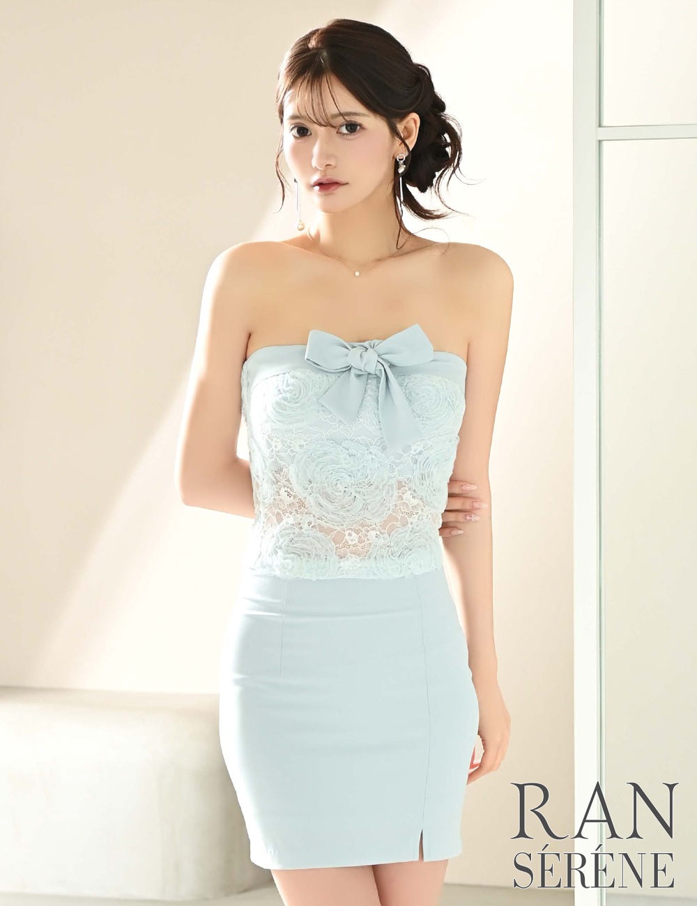 [即納][instock]【RAN SERENE】ミニ/ドレス/セットアップ/ブルー/ベア/タイト/レース/リボン