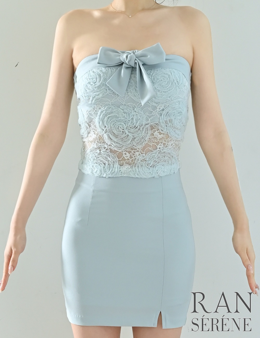 [即納][instock]【RAN SERENE】ミニ/ドレス/セットアップ/ブルー/ベア/タイト/レース/リボン