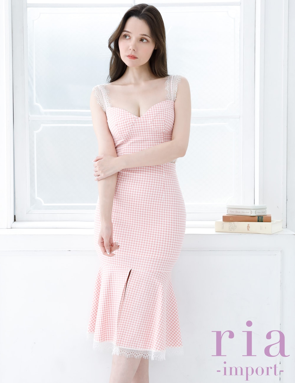 【ria】丈長/ドレス/セットアップ/マーメイド/ピンク/キャミ/ギンガムチェック/レース/スリット