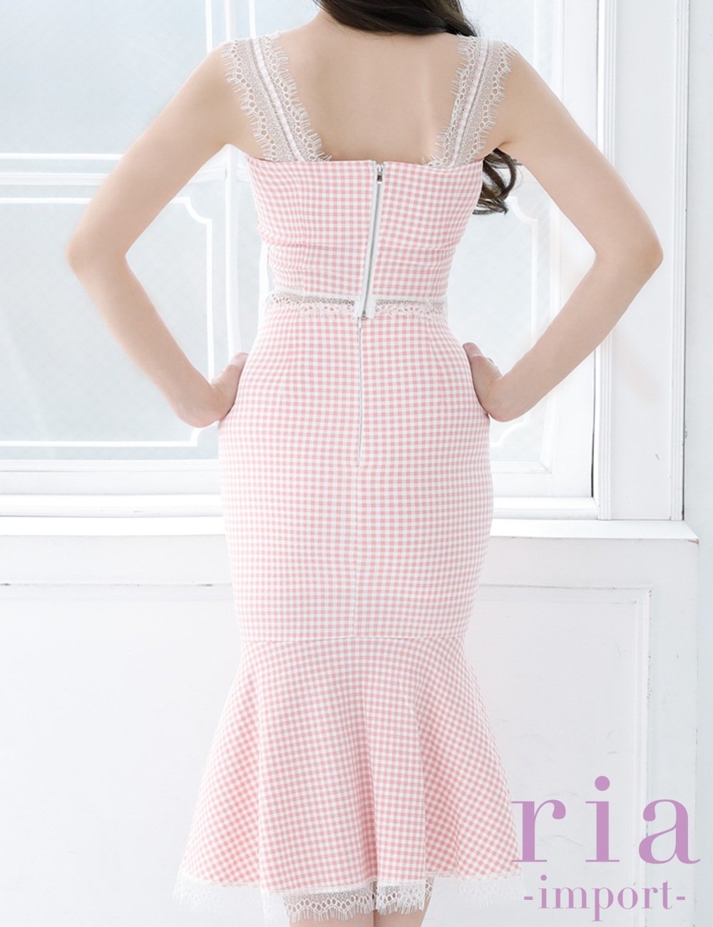 【ria】丈長/ドレス/セットアップ/マーメイド/ピンク/キャミ/ギンガムチェック/レース/スリット