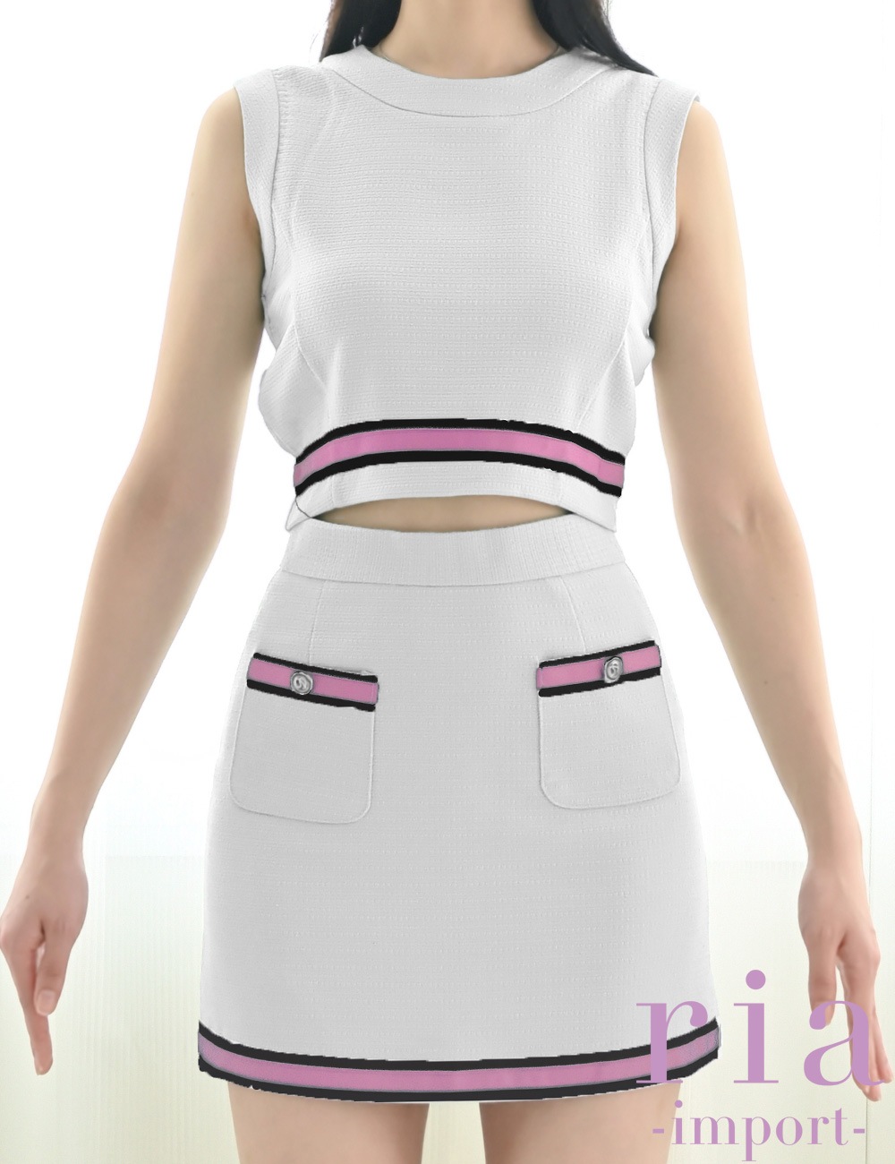 【ria】ミニ/ドレス/セットアップ/ホワイト/ハイネック/バイカラー