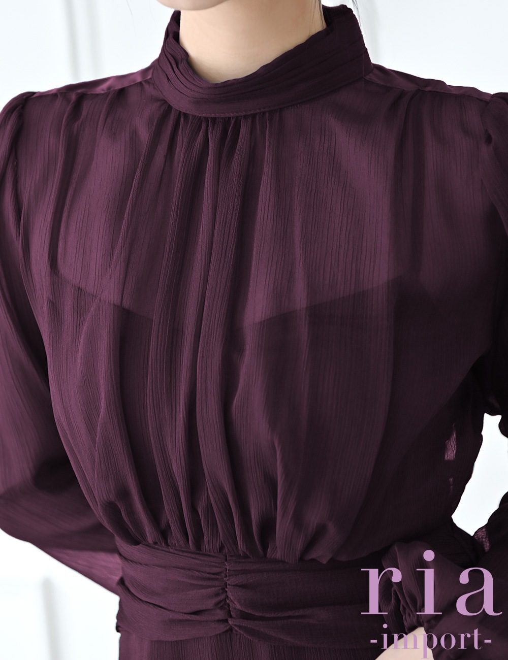 【ria】ミニ/ドレス/ワンピース/ワインレッド/袖あり/長袖/フレア/シフォン