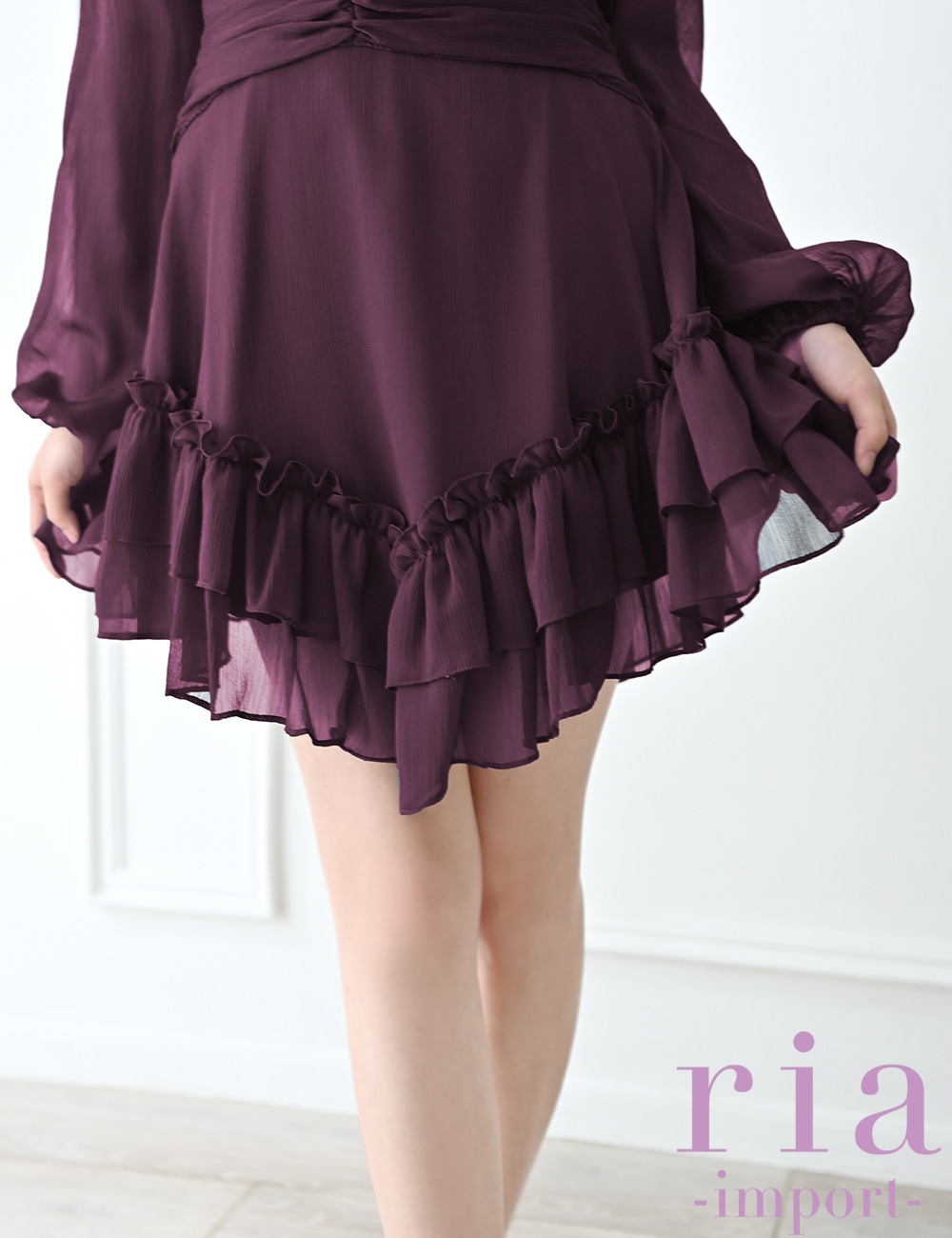 【ria】ミニ/ドレス/ワンピース/ワインレッド/袖あり/長袖/フレア/シフォン