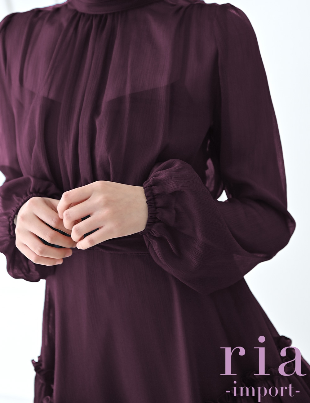 【ria】ミニ/ドレス/ワンピース/ワインレッド/袖あり/長袖/フレア/シフォン