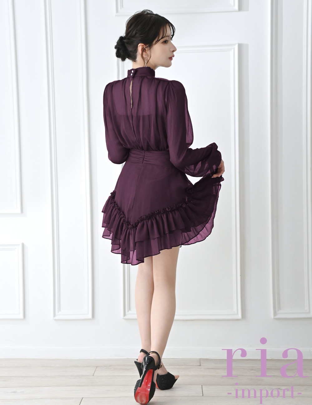 【ria】ミニ/ドレス/ワンピース/ワインレッド/袖あり/長袖/フレア/シフォン