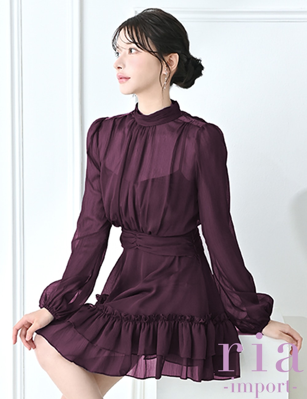 【ria】ミニ/ドレス/ワンピース/ワインレッド/袖あり/長袖/フレア/シフォン