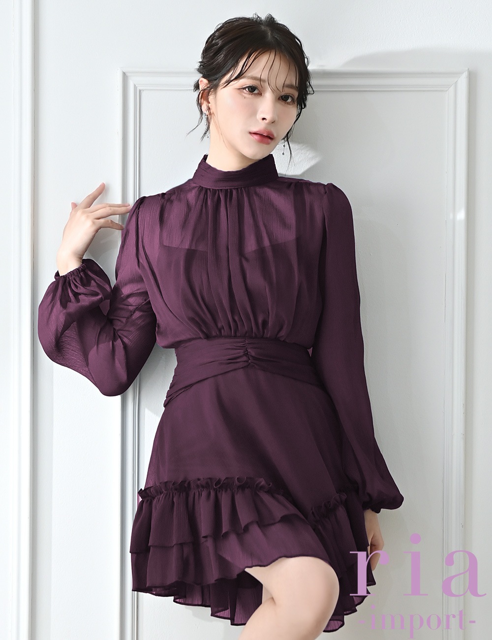 【ria】ミニ/ドレス/ワンピース/ワインレッド/袖あり/長袖/フレア/シフォン