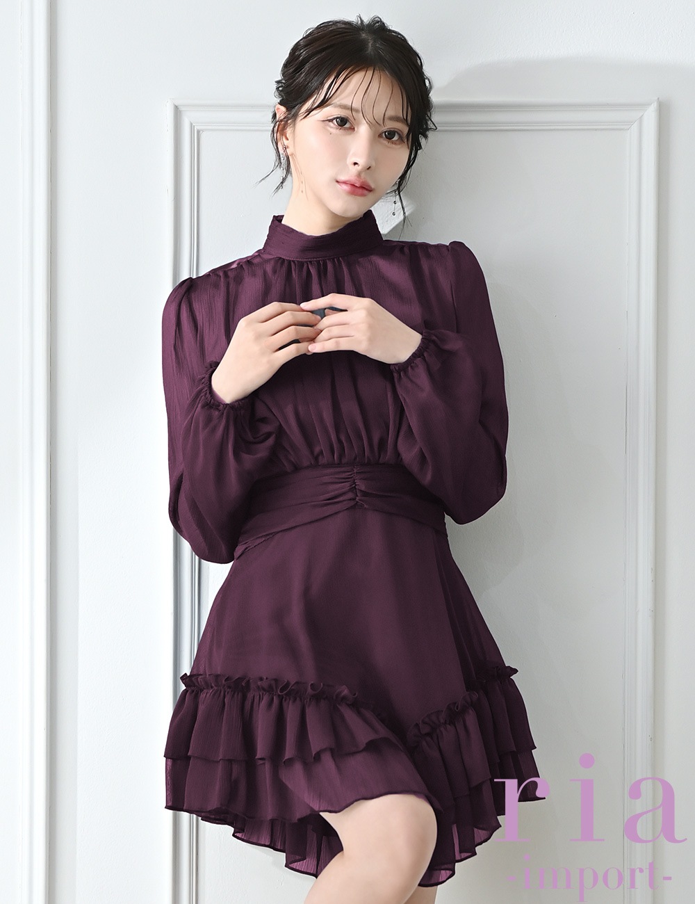 【ria】ミニ/ドレス/ワンピース/ワインレッド/袖あり/長袖/フレア/シフォン