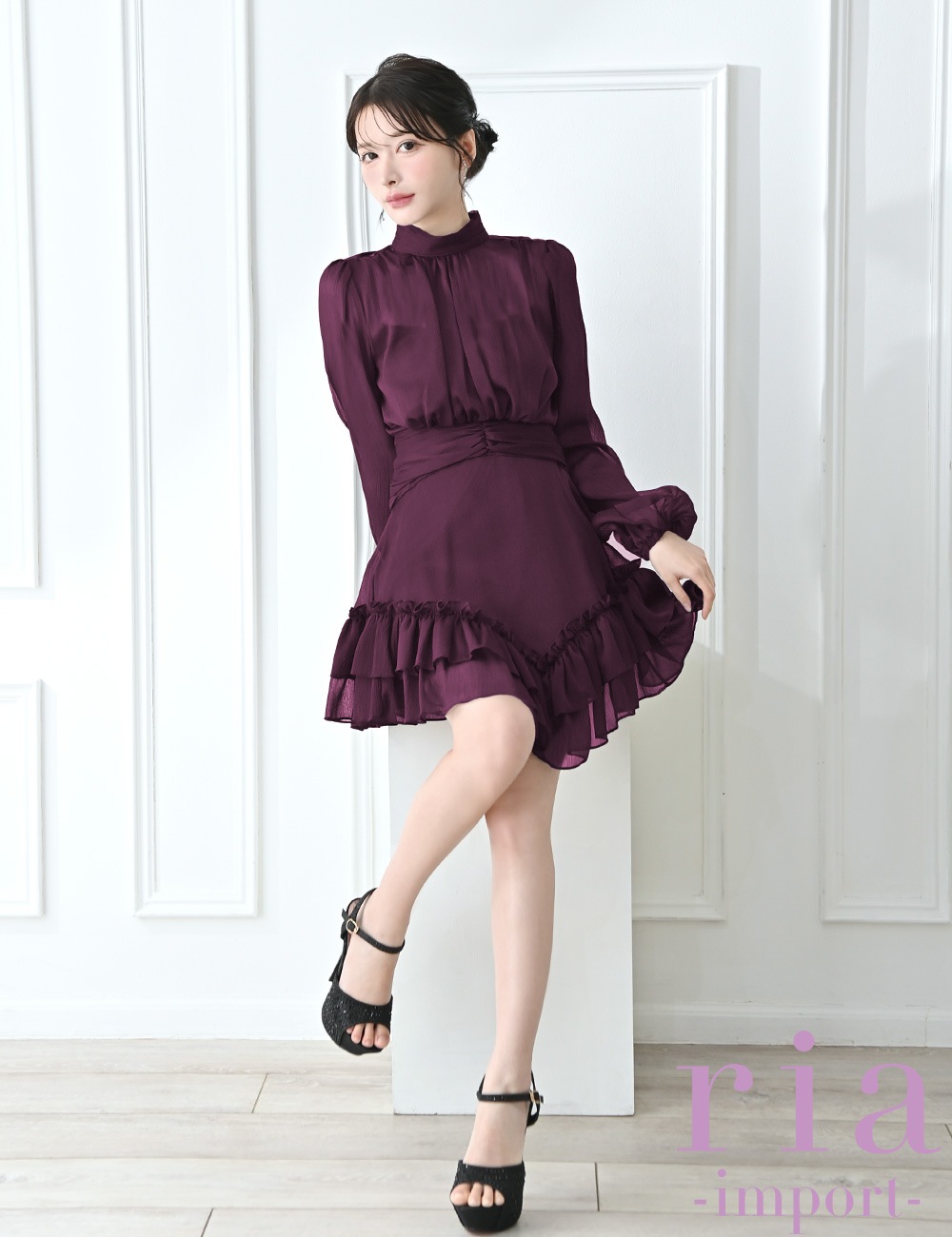 【ria】ミニ/ドレス/ワンピース/ワインレッド/袖あり/長袖/フレア/シフォン