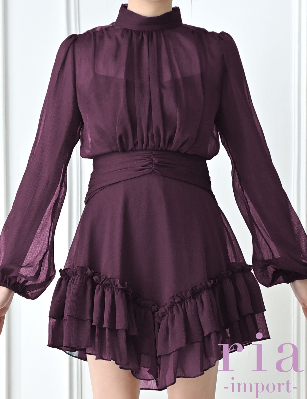 【ria】ミニ/ドレス/ワンピース/ワインレッド/袖あり/長袖/フレア/シフォン